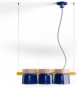 Lampadario Decò Yakitori Ceramica Grigio Sabbia Blu Metallo Giallo 3 Luci E27