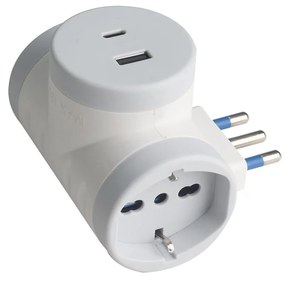 Adattatore con Spina 16A 2 Prese Universali Ita 10A/16A Schuko con 1 USB 2.4A e 1 USB C 3A 5V Carica Rapida Salvaspazio