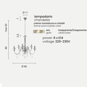 Lampada a sospensione DIDO in vetro trasparente lavorato a mano 6 LUCI ORO