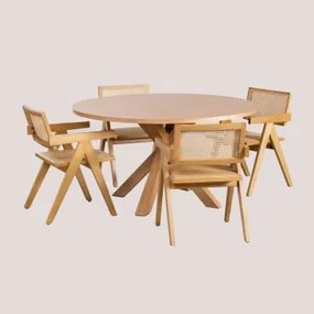 Set Di Tavolo Da Pranzo Rotondo In Mdf (ø140 Cm) Pleven E 4 Sedie Con Braccioli In Legno Di Frassino E Rattan Stile Lali Legno Naturale - Sklum