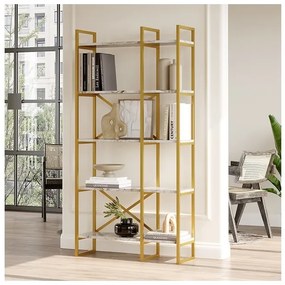 Libreria Oro 88x30x175 Cm 5 Ripiani Effetto Marmo Doppio Modulo Decus