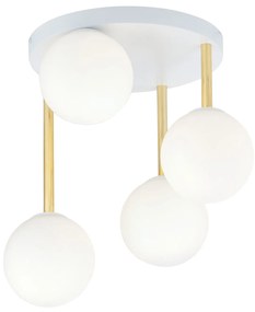 Plafoniera Contemporanea 4 Luci Teseo In Acciaio Bianco Oro E Sfere Vetro Bianco