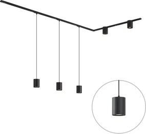 Sistema di illuminazione a binario moderno nero con 3 luci a sospensione e 2 faretti monofase - Iconic Holt Rondoo Up