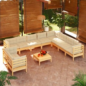 Set divani da giardino 11 pz con cuscini crema in massello di pino