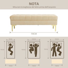 Panca Fondo Letto Imbottita con Rivestimento Trapuntato in Effetto Velluto 118x45x42 cm Beige...