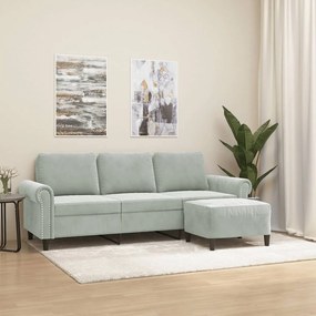 Divano A 3 Posti Con Poggiapiedi Grigio Chiaro 180cm İn Velluto /