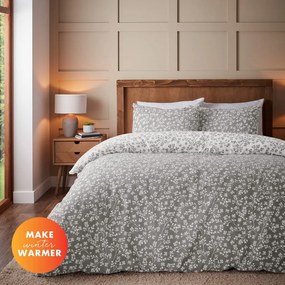 Biancheria da letto in flanella grigia per letto matrimoniale 200x200 cm Grace Floral Leaf - Catherine Lansfield