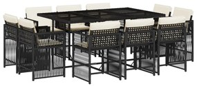 Set da pranzo da giardino 11 pz con cuscini in polyrattan nero