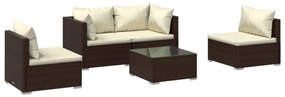 Set Divani da Giardino 5 pz con Cuscini in Polyrattan Marrone