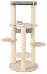 Costway Albero per gatti in legno a 6 livelli, Torre per gatti con panchina imbottita amaca tiragraffi avvolto in sisal Grigio