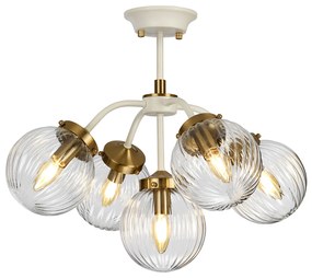 Lampadario Contemporaneo Cosmos Acciaio Crema Vetro Ottone 5 Luci E14