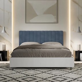 Letto contenitore da 160x200 in legno bianco e testata in microfibra blu Kaia