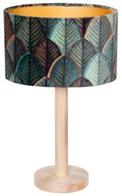 Lampada da Tavolo in Legno con Paralume in Velluto Ovalizzato, Motivo Foglie, 25 cm - Mels