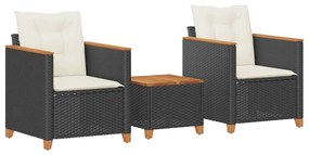 Set da bistrò 3 pz con cuscini nero polyrattan e legno acacia