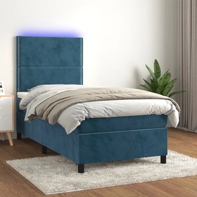 Letto A Molle Con Materasso E Led Blu Scuro 90x190cm İn Velluto /