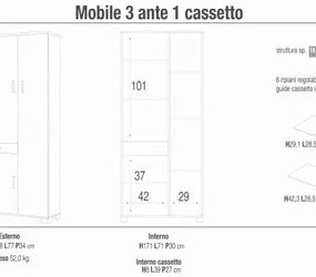 Mobile 3 ante con 1 cassetto - kit bianco fiammato cm 77 l x 34 p x 178