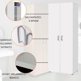 Armadio Multiuso 2 Ante con Ripiani Scarpiera Salvaspazio Mobile in Legno Bianco- 70x36x181 cm