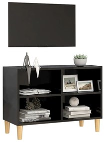 Mobile tv con gambe in legno massello nero lucido 69,5x30x50 cm