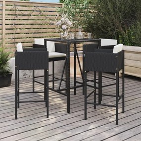 Set bar da giardino 5 pz con cuscini in polyrattan nero