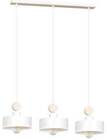 Lampadario 3 Luci Zhurong In Acciaio Bianco E Paralumi Con Legno Naturale