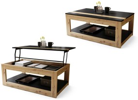 LUSSO Nero Opaco/Rovere Artisan - MODERNO TAVOLINO CON PIANO SOLLEVABILE + PORTAOGGETTI + MENSOLA (CON ROTELLE!)
