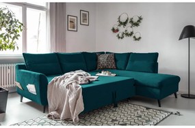 Divano letto angolare in velluto turchese L, angolo destro Stylish Stan - Miuform