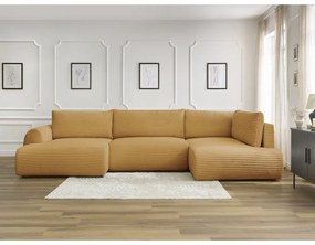 Divano angolare color senape allungabile (con penisola a sinistra/a forma di "U") con rivestimento in velluto a coste Lucien – Bobochic Paris