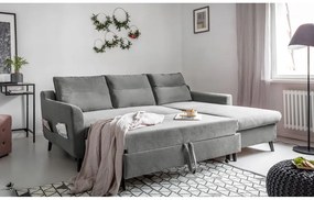 Divano letto angolare in velluto grigio chiaro, angolo destro Stylish Stan - Miuform