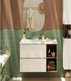Mobile bagno sospeso con lavabo e organizer per cosmetici, top incluso L 80 x H 55 x P 45 cm bianco e miele in truciolare 2 cassetti per vasca a sinistra Modern