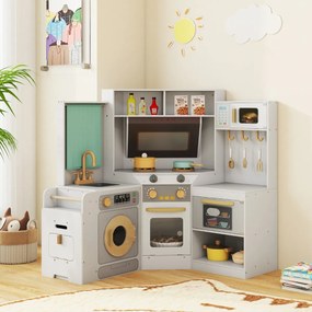Costway Cucina ad angolo con luci e suoni set di gioco in legno pattumiera estraibile, Cucina angolo lavatrice e accessori ricchi 2 Colori