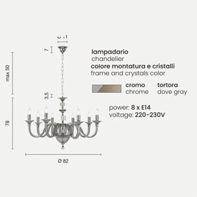 Lampada a sospensione GALA in vetro lavorato a mano con dettagli in metallo 8 LUCI ORO