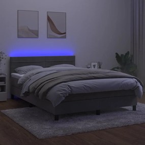 Letto a molle materasso e led grigio chiaro 140x200 cm velluto