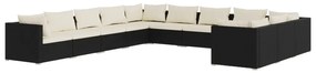 Set divani da giardino 11 pz con cuscini in polyrattan nero