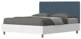 Letto matrimoniale e rete 160x190 in legno bianco e testata in microfibra blu Kaia