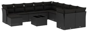 Set divani da giardino 12 pz con cuscini nero in polyrattan