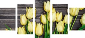 Quadri 5 pezzi – Affascinanti tulipani gialli su sfondo di legno
