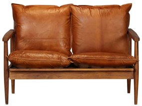 Set divani 3 pz in vera pelle e legno massello acacia marrone
