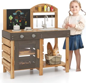Costway Cucina giocattolo in legno con lavagna e fornelli e mensole di stoccaggio, Cucina da esterno per il gioco di ruolo Naturale