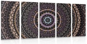Quadri 5 pezzi – Mandala con motivo del sole in tonalità viola