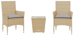 Set da bistrò 3 pz con cuscini beige polyrattan e vetro