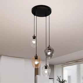 Lampadario 4 Luci Fuxi Base Tonda Acciaio Nero E Vetri Ambra Trasparente E Fumè