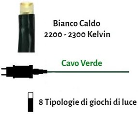 Catenaria Natalizia LED 12m 8 GIOCHI DI LUCE Cavo VERDE IP44 Colore Bianco Caldo 2200 - 2300 °K