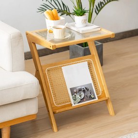 Costway Tavolino boho con porta riviste piano in vetro temperato, Comodino in bambù da divano camera da letto Naturale