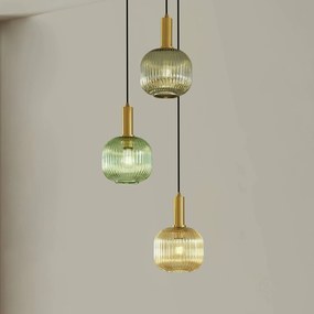 Lindby lampada a sospensione Doroteo, a 3 luci, verde/ambra/grigio, vetro