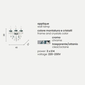 Applique DAMASCO 40x27 cm a 3 luci con decorazioni in cristallo Ottanio