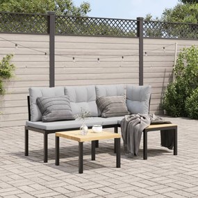 Set panche giardino cuscini 3pz nero acciaio verniciato polvere