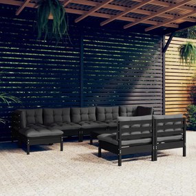 Set divani da giardino 10 pz con cuscini neri in legno di pino
