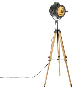 Lampada da terra tripode nera con spot da studio in legno - Radient