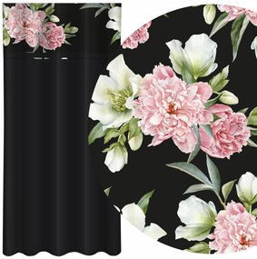 Semplice tenda nera con stampa di peonie bianche e rosa Larghezza: 160 cm | Lunghezza: 250 cm