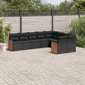 Set divani da giardino 9 pz con cuscini nero in polyrattan